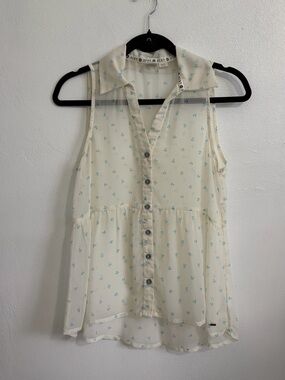 Roxy Cream Sleeveless Sheer Button-Up Top with Light Blue Anchor Print
